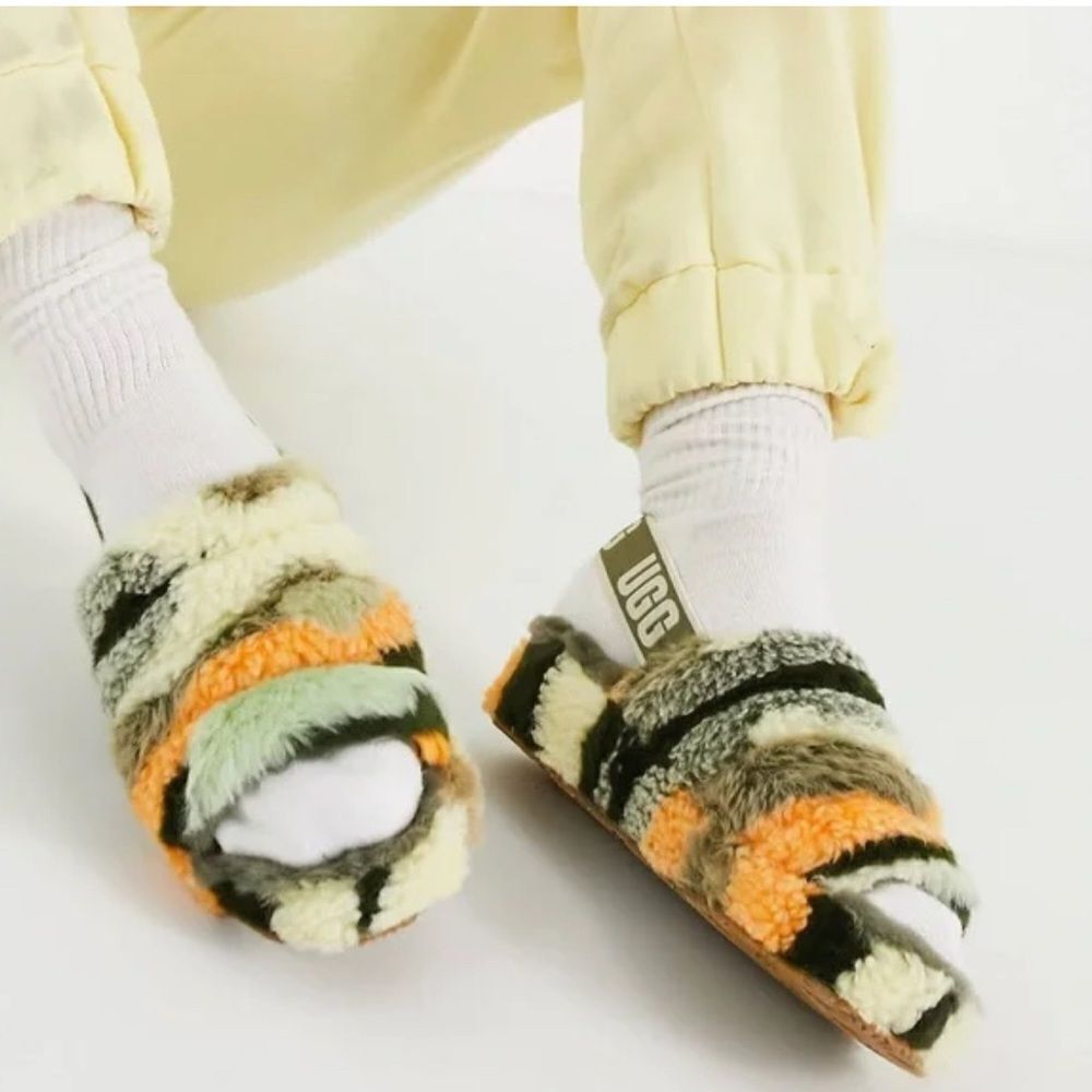 UGG fluff slippers in olive Cali camo with orange. 8